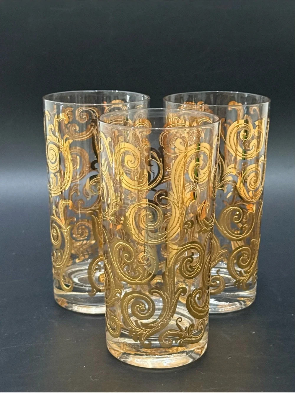 Lot of 3 Vintage MCM Culver Scroll 22k Gold Gilt 5.5” Highball Tumbler Glasses